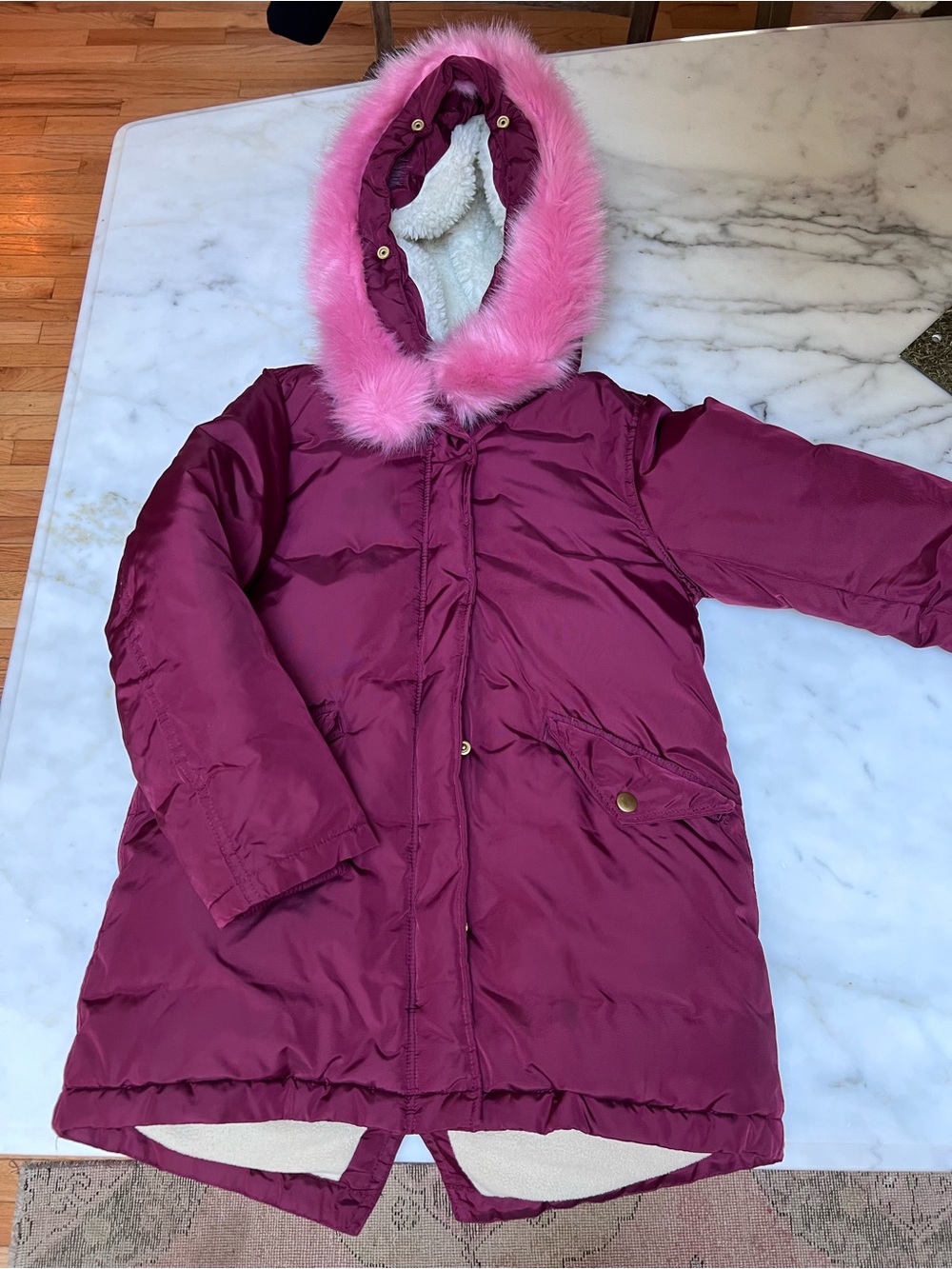 Crewcuts Berry Puffer Coat with Pink Faux-Fur Hood Trim